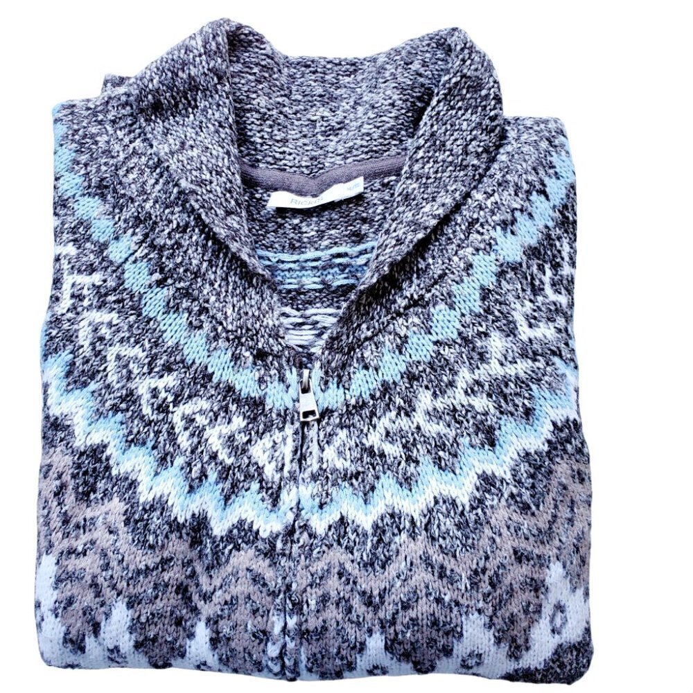 VINTAGE Oversized Retro Fair Isle Zip-Up Grey-Blue Fishermen Collar Neck Women's - Picture 7 of 7